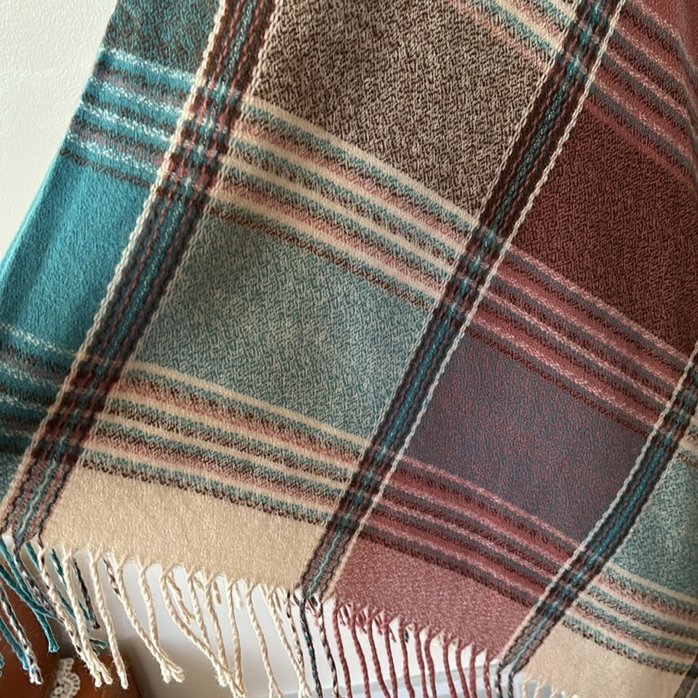 Pink Green Acrylic Plaid Poncho w/ Fringe NWT - Picture 3 of 6